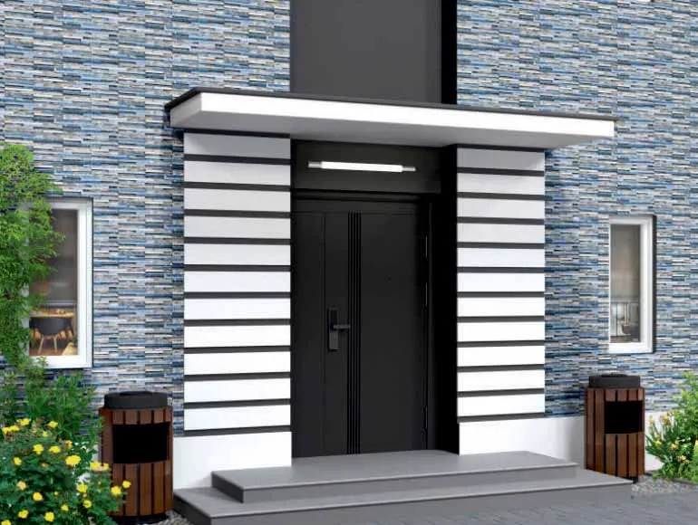 Front elevation design featuring a modern entrance with a black door and blue stone cladding